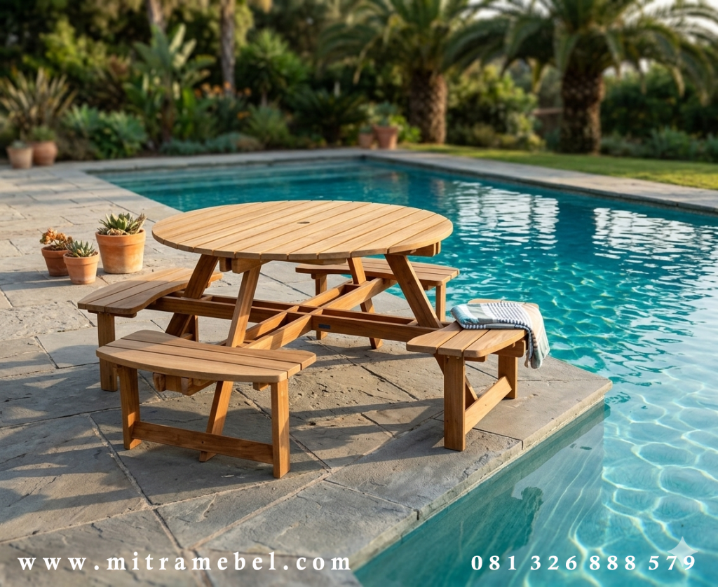Meja Kursi Santai Kayu Jati Tepi Kolam