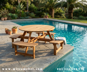 Meja Kursi Santai Kayu Jati Tepi Kolam