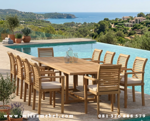 Set Meja Makan Minimalis Outdoor Modern Kayu Jati