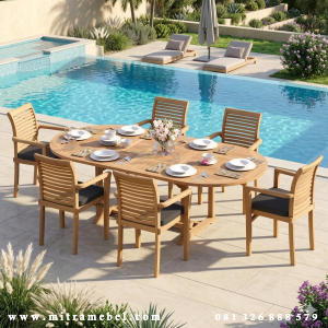 Set Meja Makan Outdoor Kayu Jati Tepi Kolam