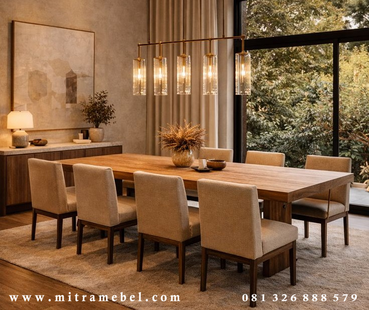 Set Meja Makan Keluarga Model Minimalis Modern Kayu Jati